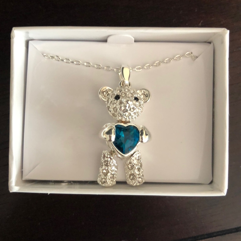 Silver Teddy Bear Necklace with Blue Heart